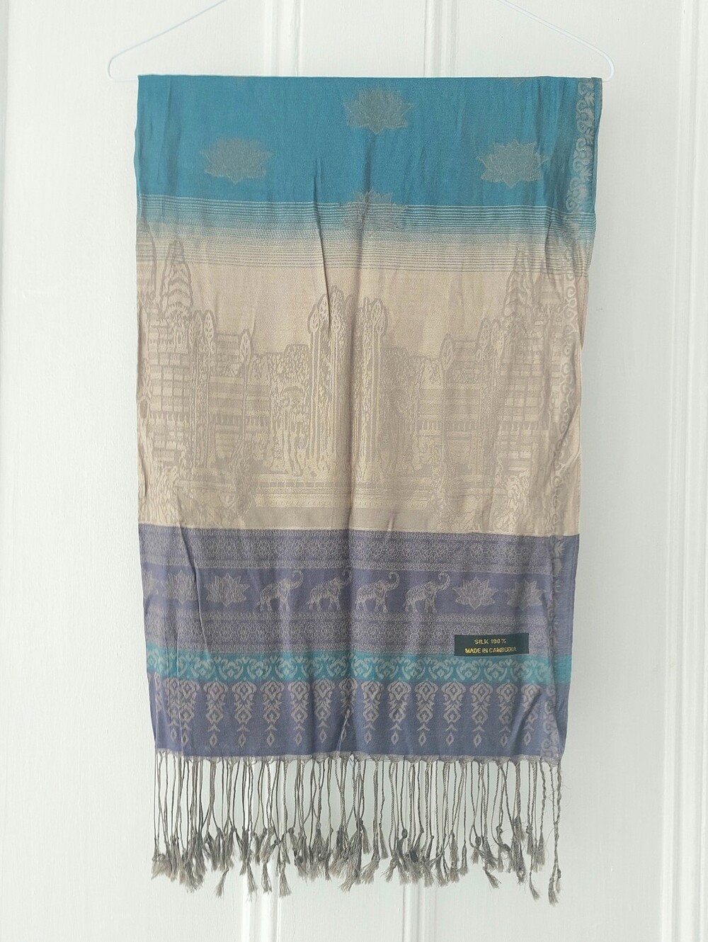 100% Pure Silk Scarf Angkor Wat Temple Jacquard Pashmina Shawl Teal Cream Grey